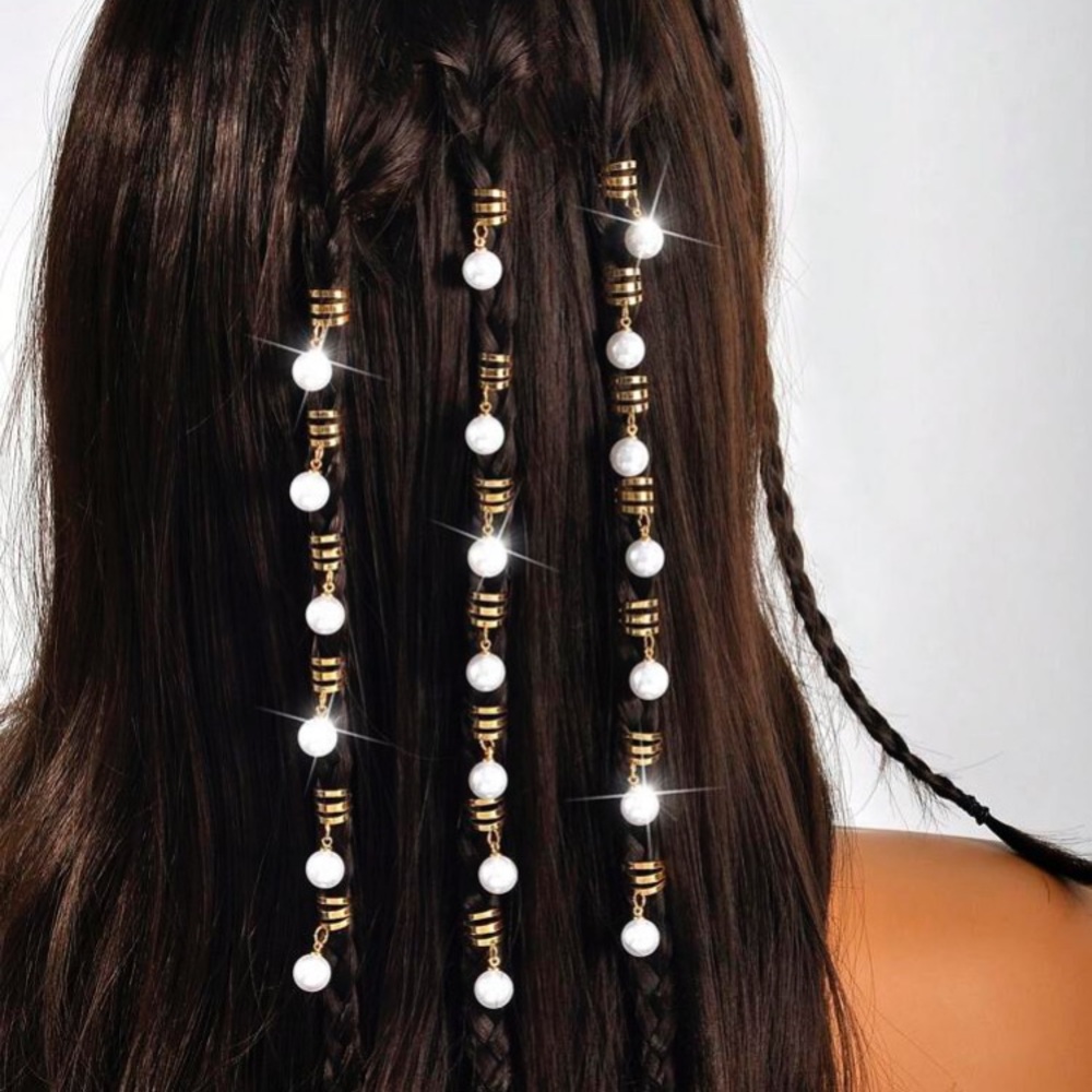 40 Pack Pearl Pendant Golden Hair Cuffs Set Braids Beads Loop Rings Clips